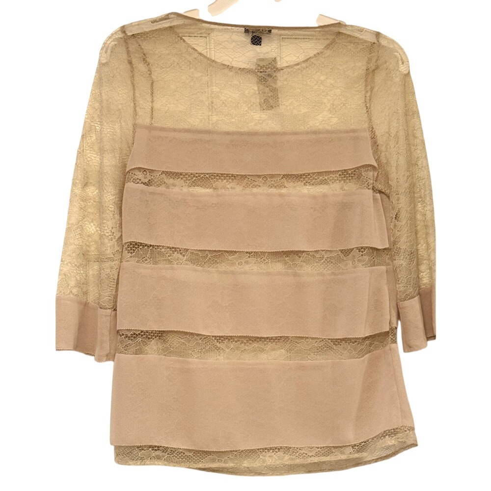 Ann Taylor Womens Beige Sheer Floral Lace Tiered 3/4 Sleeve Blouse Size S New